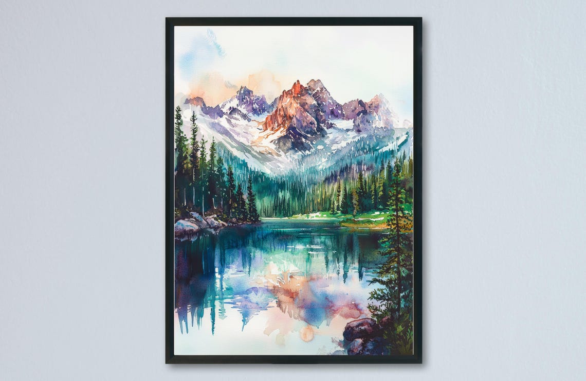 Rocky Mountain Alpine Lake Reflection Watercolor Nature Poster