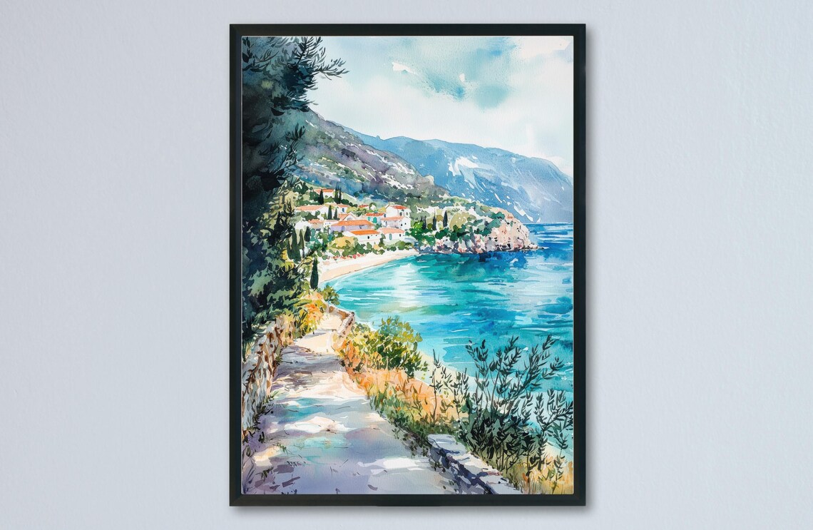 Ioannina Lakeside Village Turquoise Bay Greece Watercolor Poster