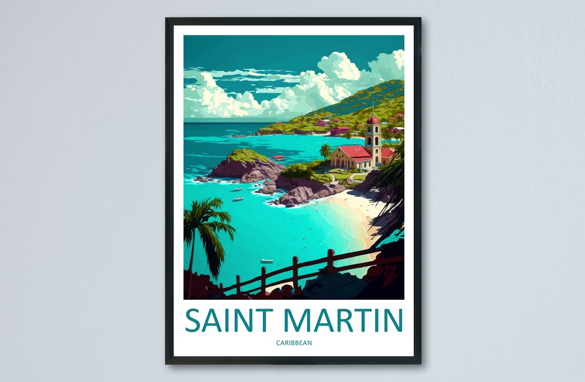 Saint Martin Caribbean Tropical Beach Cove Vintage Travel Poster