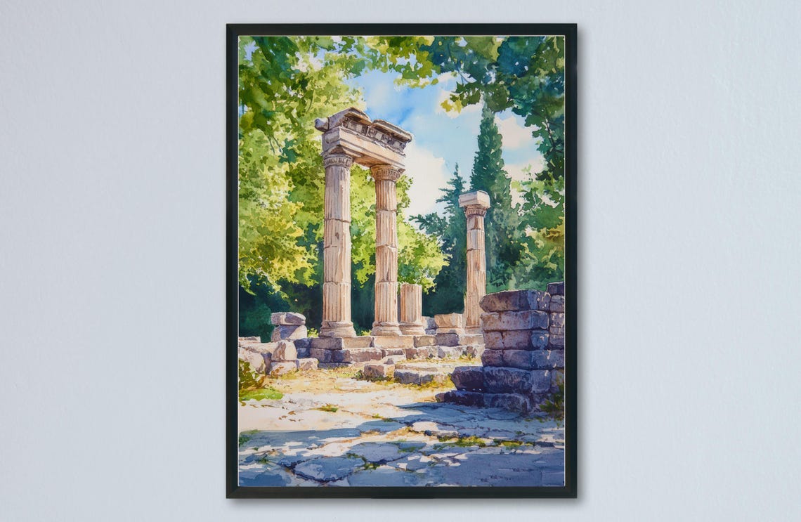 Ancient Stone Column Ruins Forest Grove Watercolor History Poster