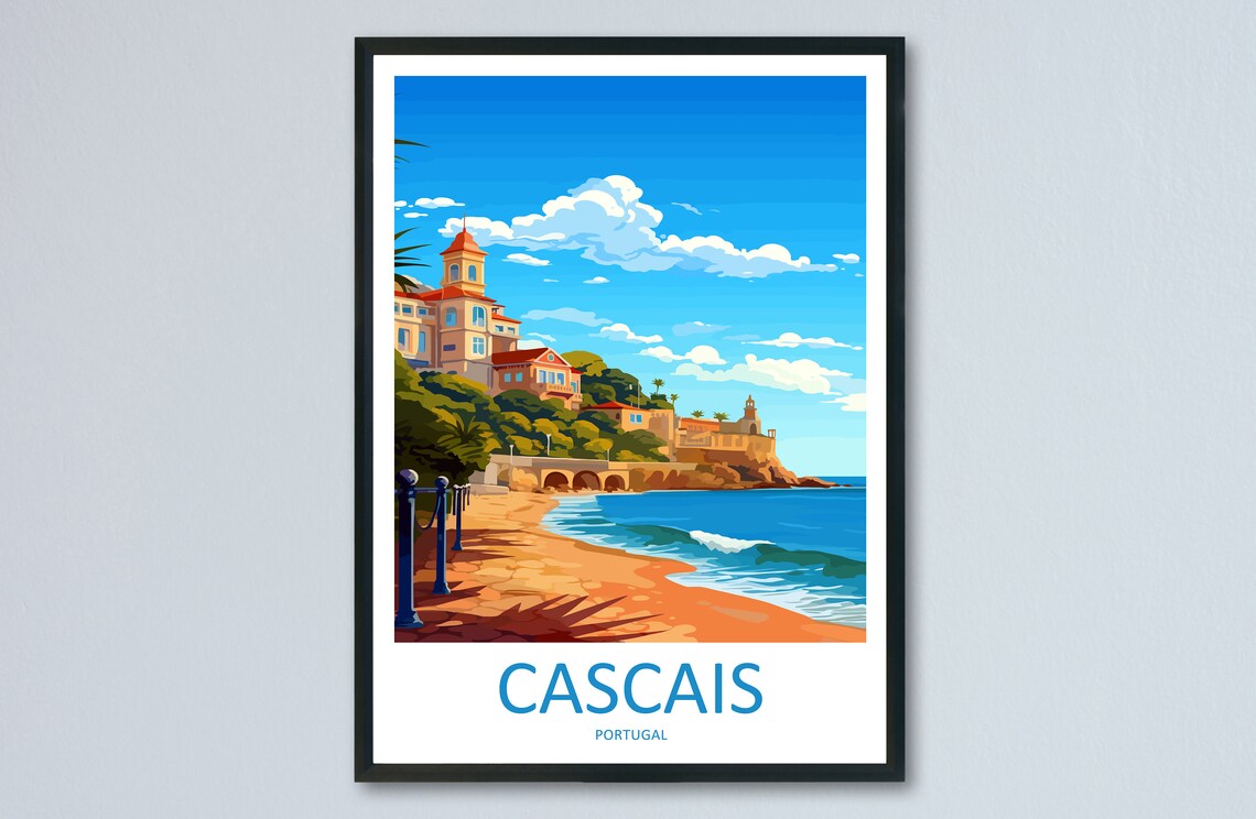 Cascais Portugal Elegant Beach Promenade Scene Travel Poster