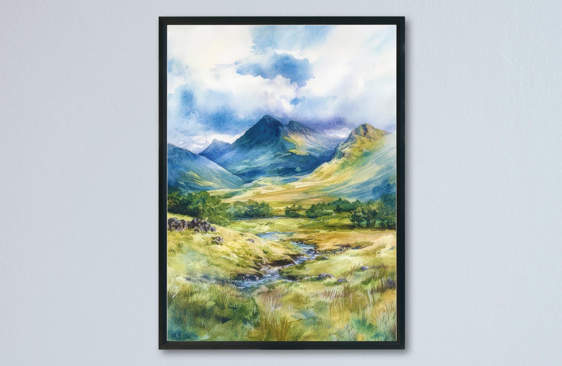 Great Langdale Lake District Valley Stream Pikes Watercolor Poster