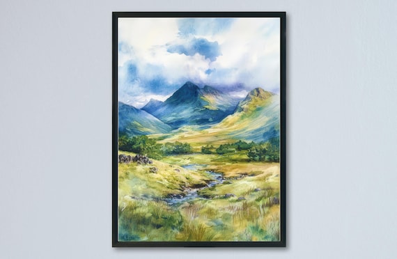 Great Langdale Lake District Valley Stream Pikes Watercolor Poster