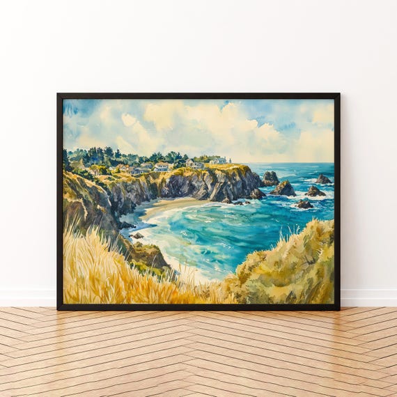 Mendocino Watercolor Poster Travel Print Coastal Town Painting Ocean Cliffs Wall Art Usa Decor Souvenir