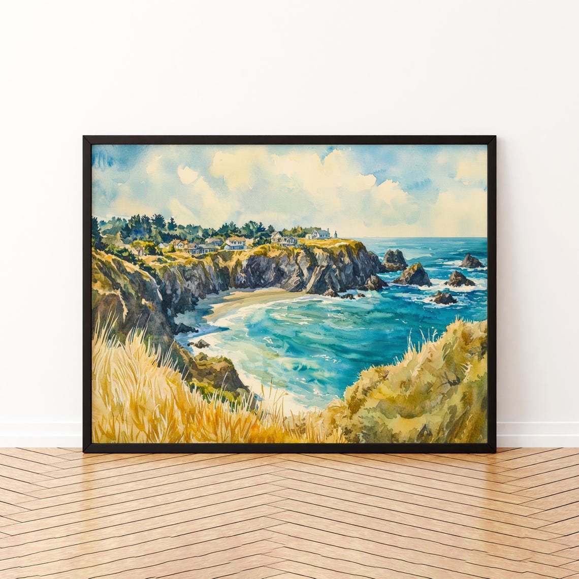 Mendocino California Coastal Cliffs Watercolor Travel Poster