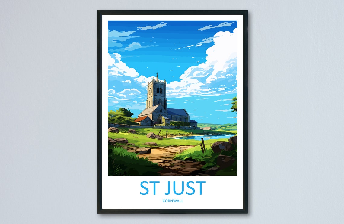 St Just Cornwall Church Travel Poster Village Landmark Scene