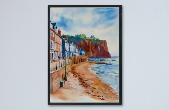 Sidmouth Promenade Regency Houses Red Cliffs Watercolor Poster
