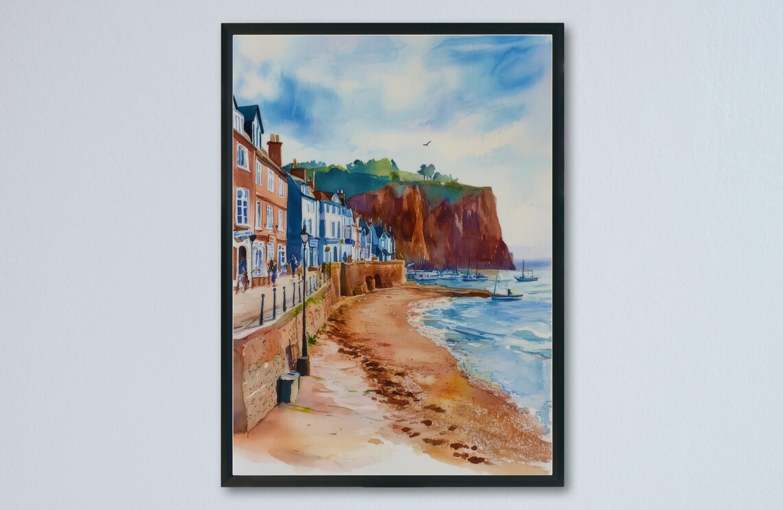 Sidmouth Promenade Regency Houses Red Cliffs Watercolor Poster