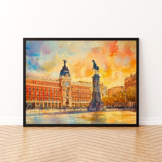 Madrid Plaza Mayor Clock Tower and Equestrian Statue Watercolor Poster