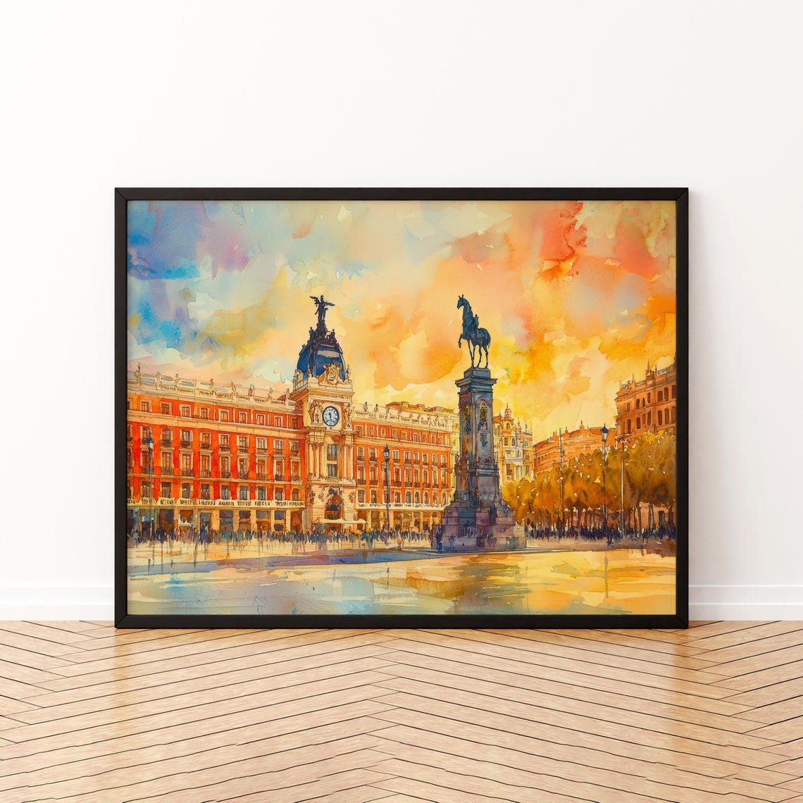 Madrid Plaza Mayor Clock Tower and Equestrian Statue Watercolor Poster