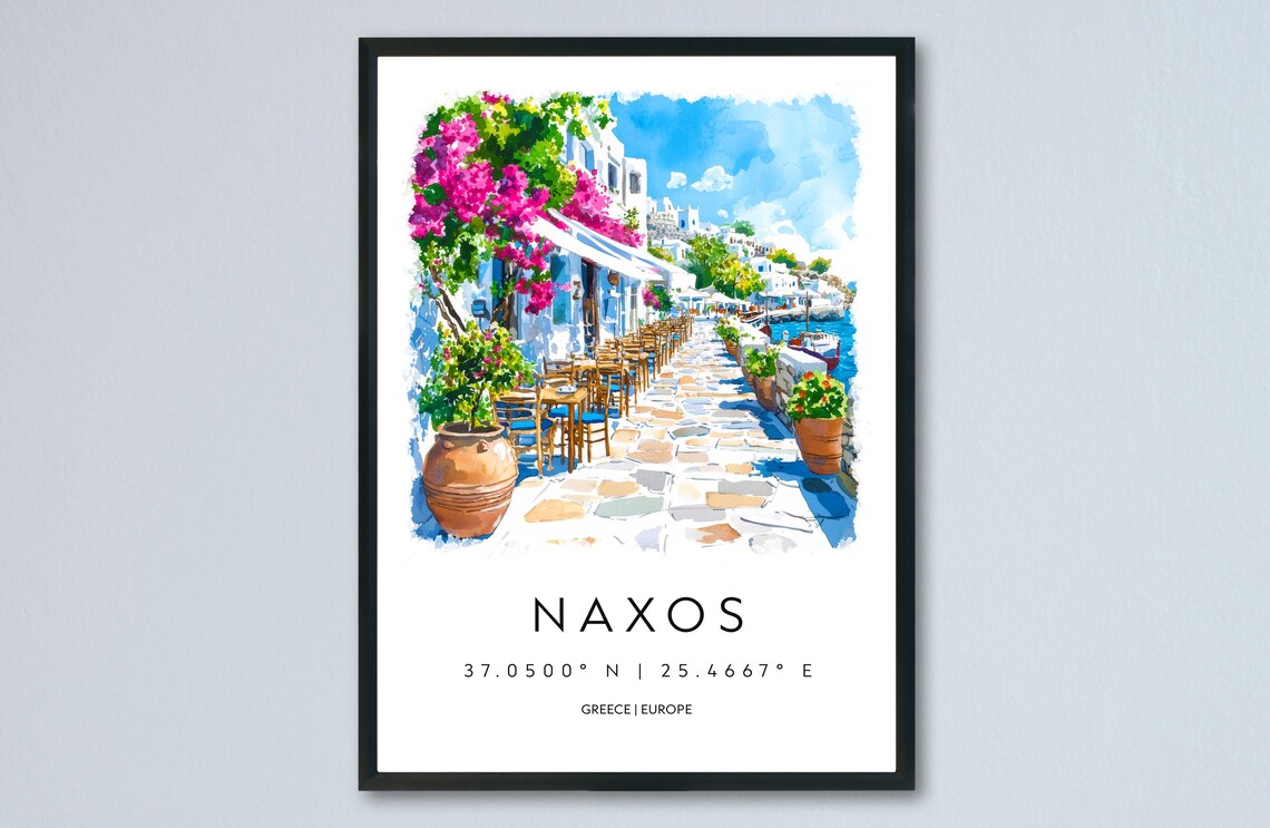 Naxos Watercolor Greece Waterfront Cafe Promenade Travel Poster