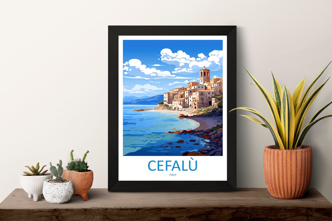 Cefalù Italy Seaside Old Town Bell Tower Coastal Scenery Poster - Image 3