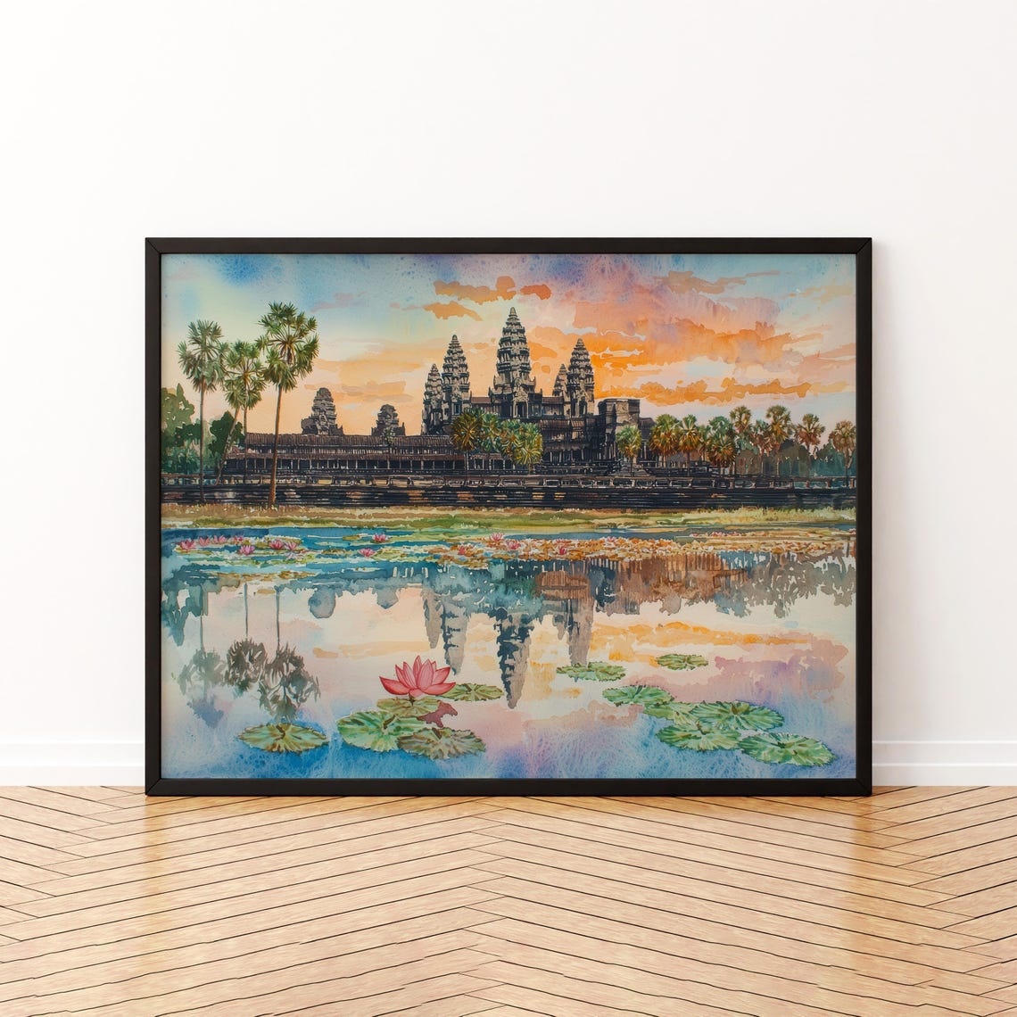 Angkor Wat Temple Sunset Reflection Watercolor Landscape Poster