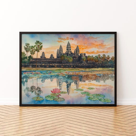 Angkor Wat Watercolor Poster Landscape Wall Art Hanging Home Dcor Gift Lovers Cambodia