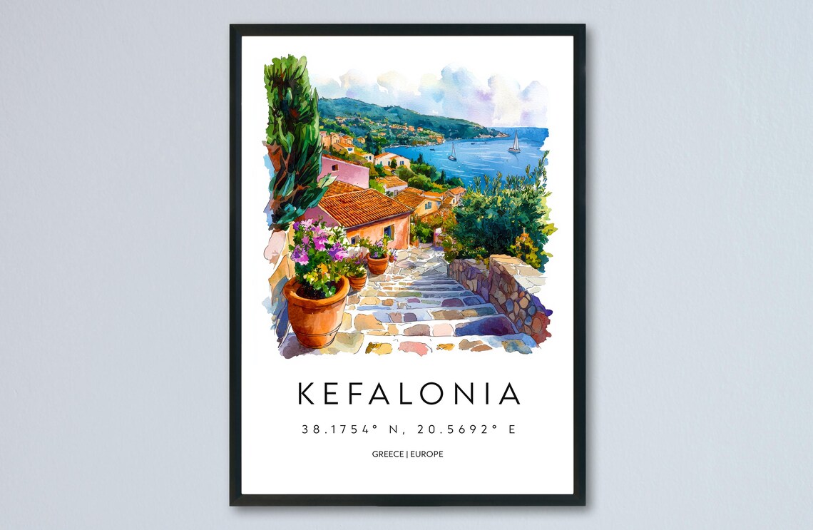 Kefalonia Greece Island Hillside Village Watercolor Travel Poster