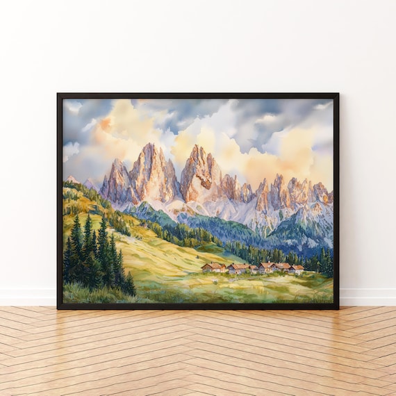 Dolomites Mountain Watercolor Landscape Alpine Peaks Italy Art Poster