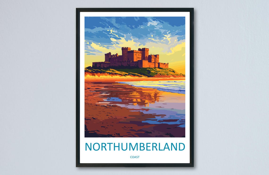 Northumberland Coast Castle Sunset Beach England Travel Poster