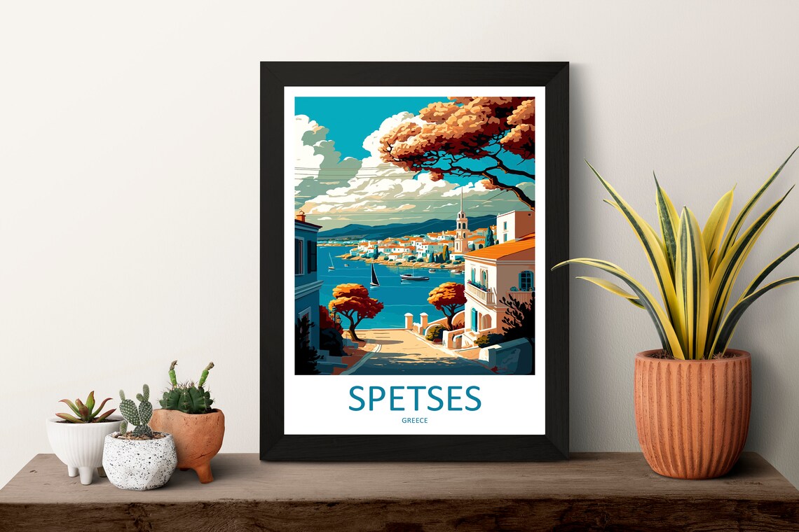 Beautiful Sunny Spetses Greece Harbor Town Vintage Travel Art Poster - Image 3