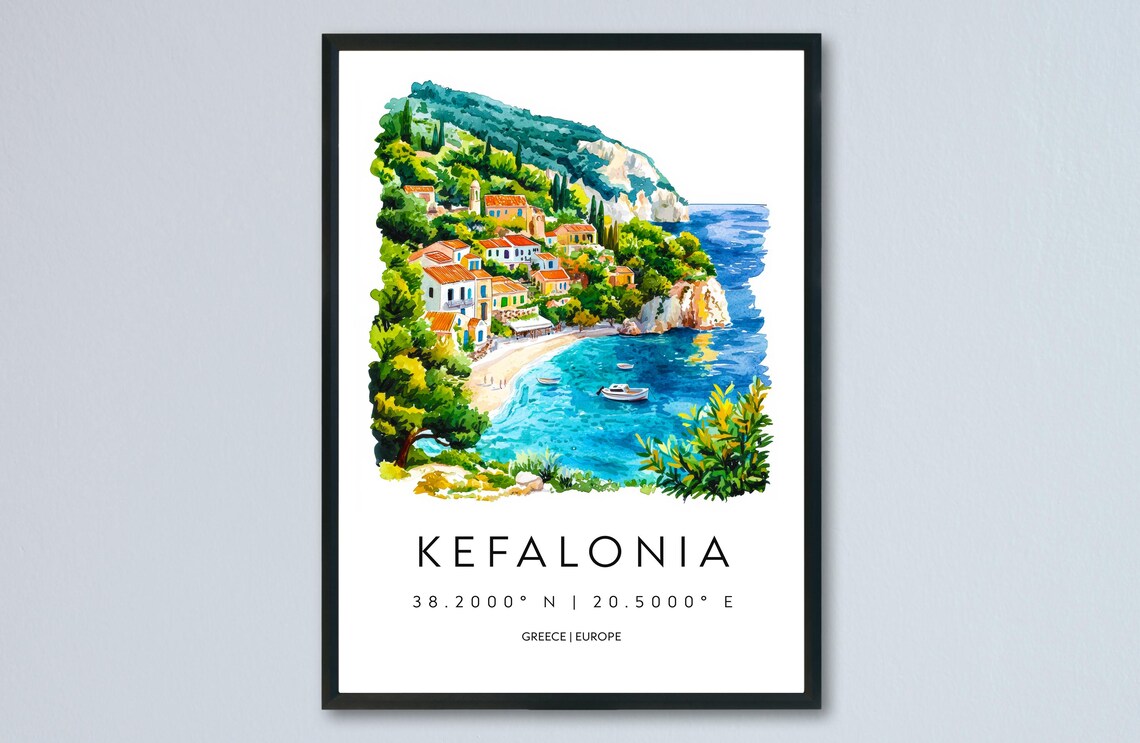 Kefalonia Greece Sandy Cove Hillside Watercolor Travel Poster