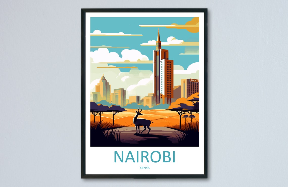 Nairobi Kenya Skyline Sunset Safari Silhouette Travel Poster