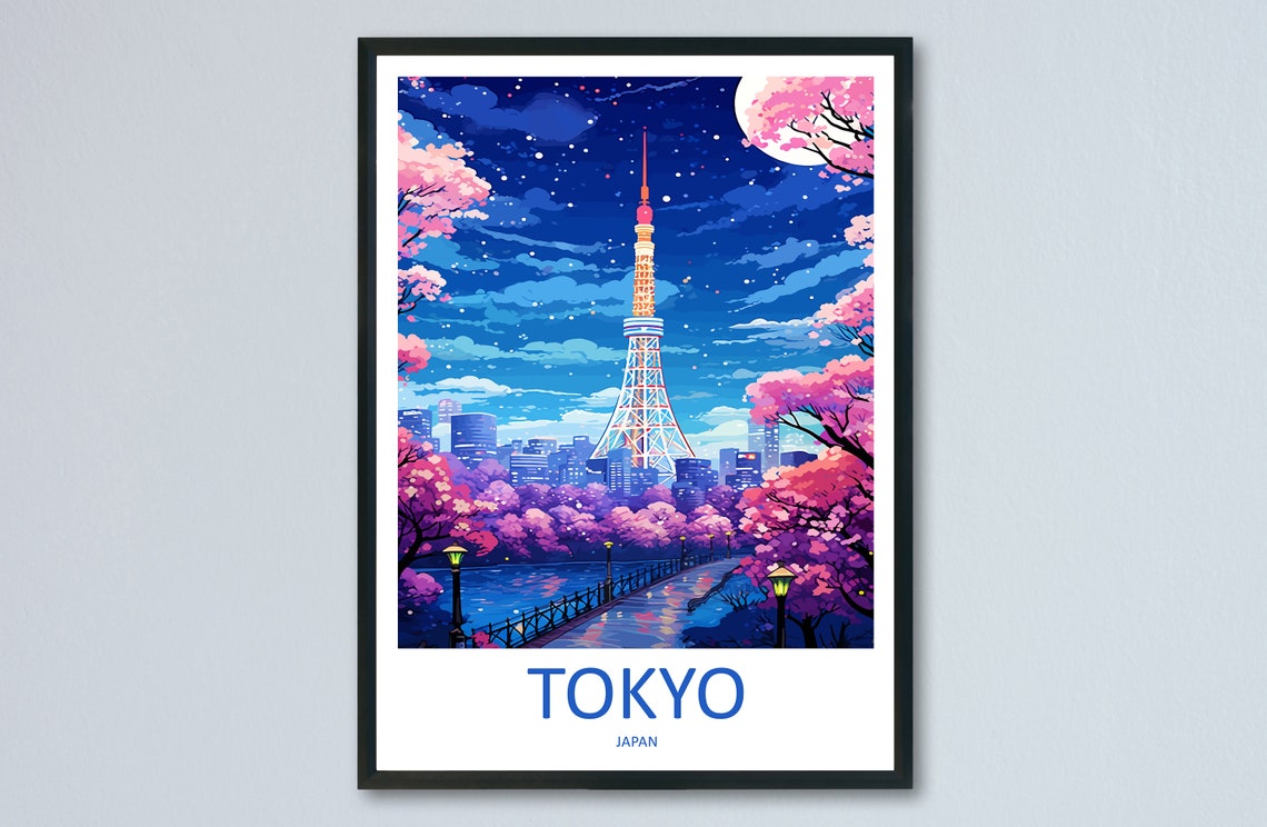 Tokyo Tower Cherry Blossoms Night Skyline Japan Travel Poster
