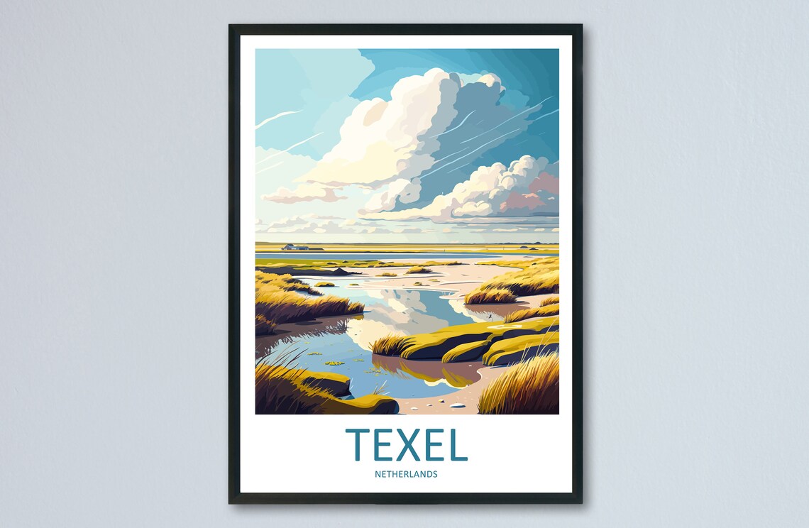 Texel Netherlands Coastal Wetland Reeds Still Water Cloudy Sky Poster