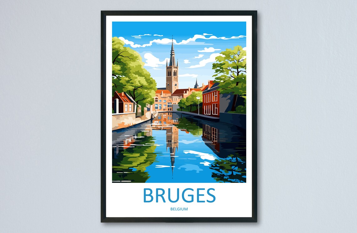 Bruges Belgium Canal Church Spire Reflections City Travel Poster