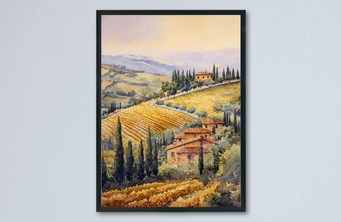 Tuscany Rolling Hills Vineyard Cypress Farmhouse Golden Sunset Poster