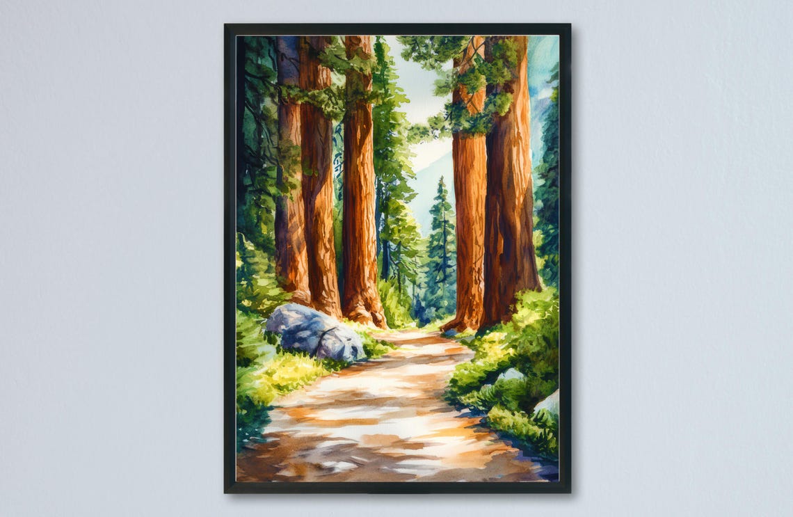 Sequoia National Park Giant Redwood Forest Trail Watercolor Art Poster