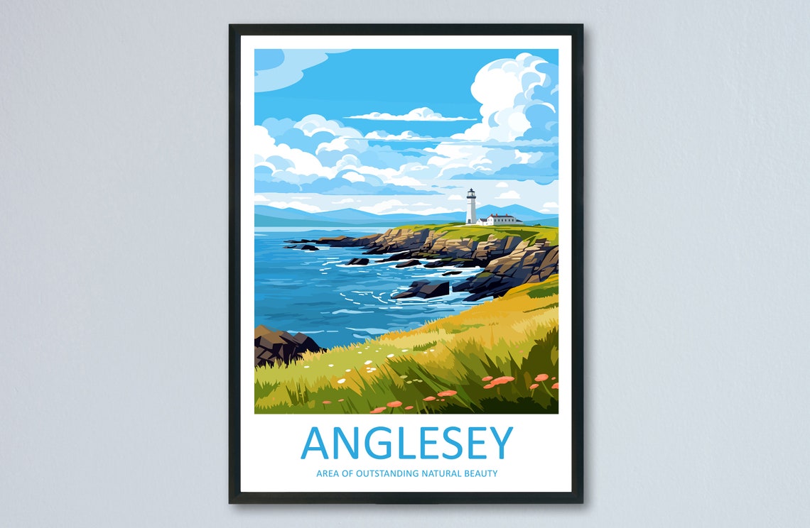 Anglesey Wales Lighthouse Rocky Coastline Cliffs Daytime Travel Poster