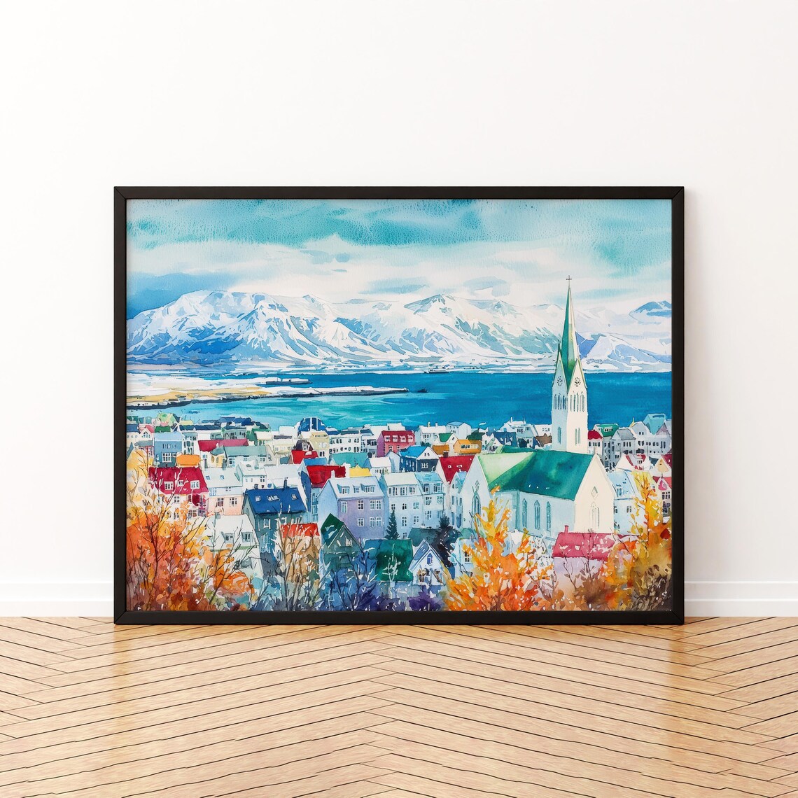 Reykjavik Colorful Houses Snowy Mountain Harbor Watercolor Cityscape Poster
