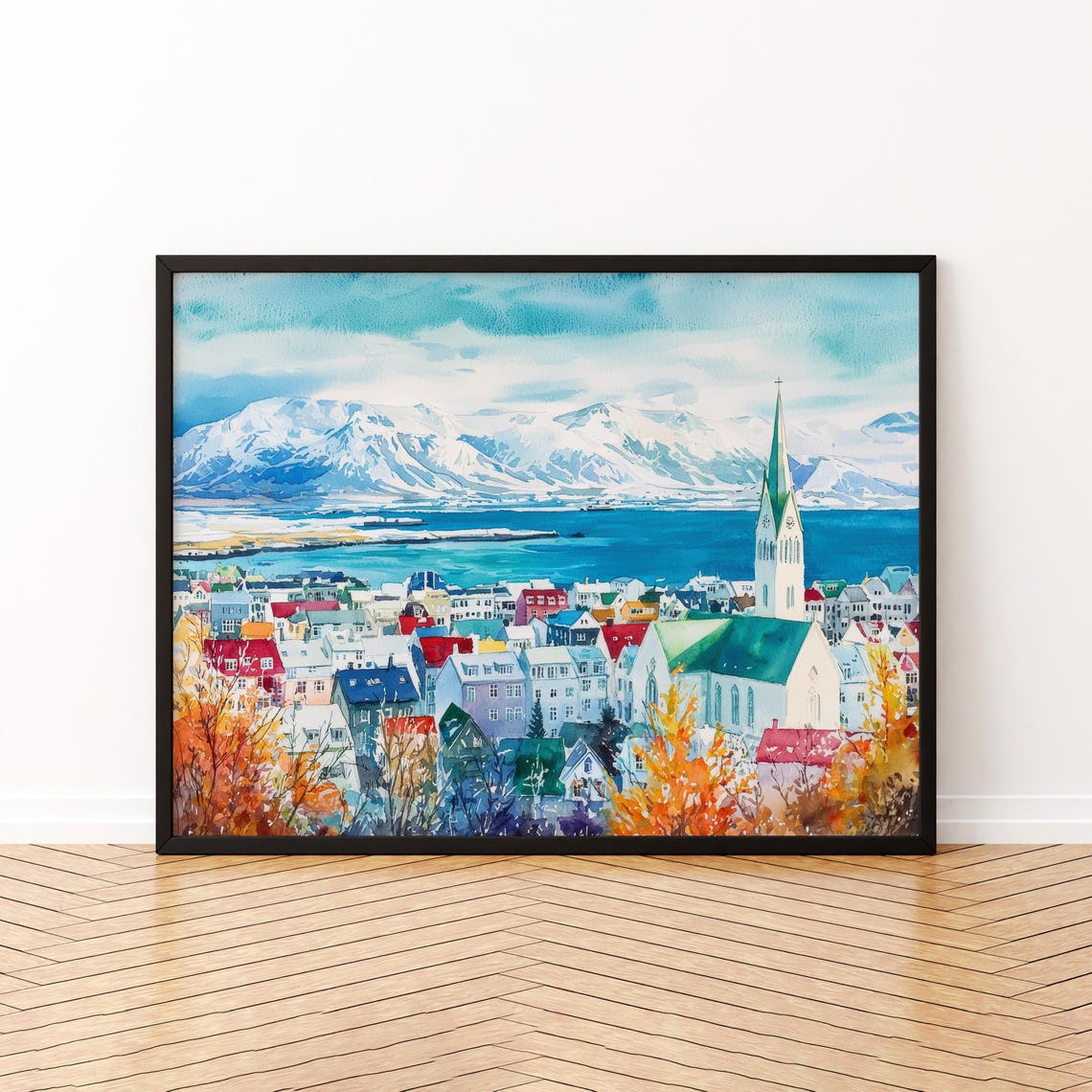 Reykjavik Watercolor Poster Landscape Wall Art Hanging Home Dcor Gift Lovers Iceland