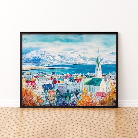 Reykjavik Colorful Houses Snowy Mountain Harbor Watercolor Cityscape Poster