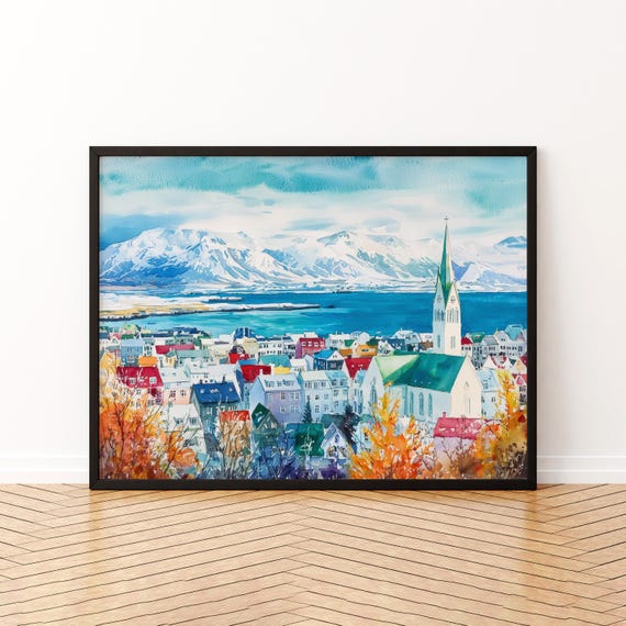 Reykjavik Watercolor Poster Landscape Wall Art Hanging Home Dcor Gift Lovers Iceland
