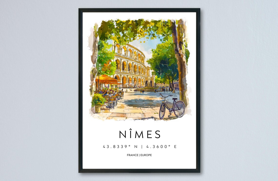 Nimes France Roman Amphitheater Sunny Cafe Terrace Watercolor Poster