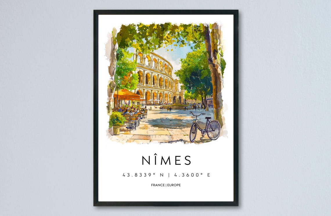 Nimes Watercolor Poster Wall Art Travel Print City Decor France Painting Roman Ruins