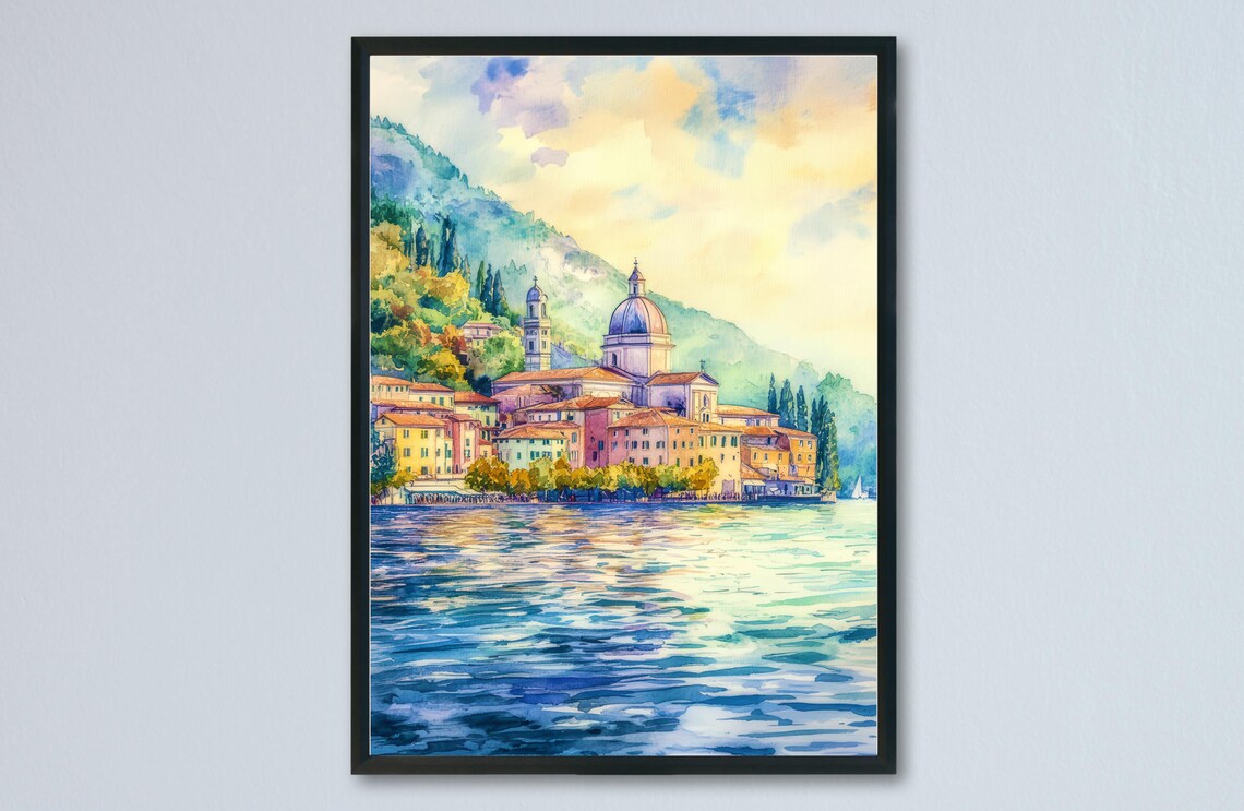Lake Como Italy Lakeside Town Domed Church Mountain View Poster
