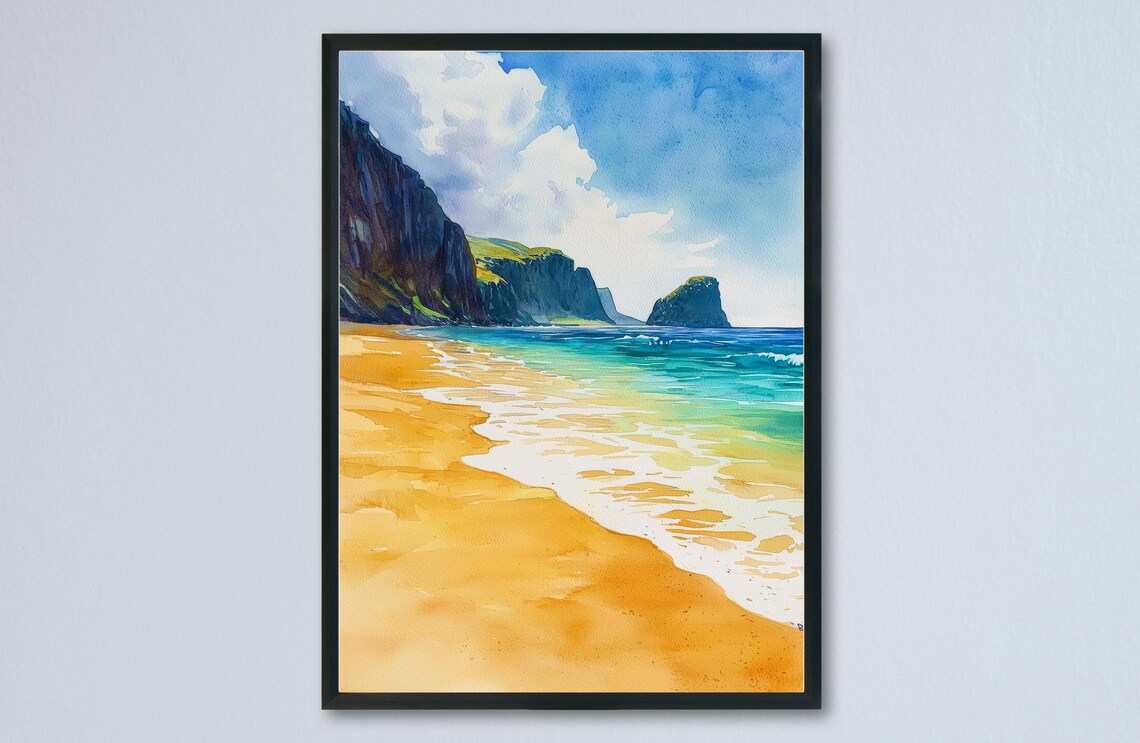 Sandwood Bay Golden Beach Watercolor Scotland Coastal Seascape Poster