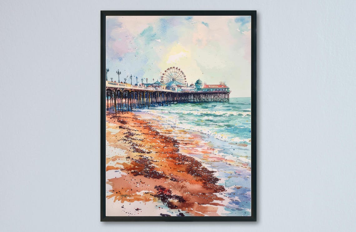 Seaside Pier Ferris Wheel Sandy Beach Sunset Watercolor Poster