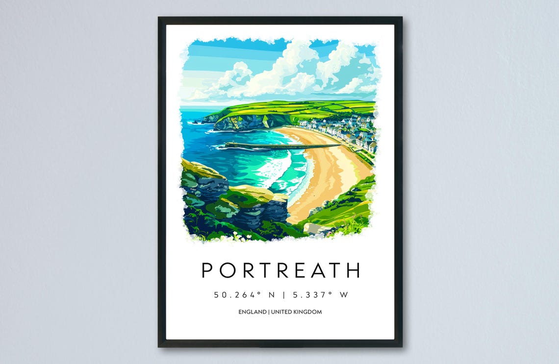 Portreath Cornwall Sandy Beach Harbor Breakwater Cliffs Art Poster