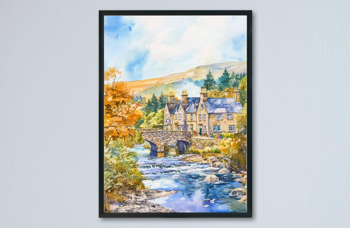 Pitlochry Stone Bridge River Watercolor Scotland Village Scene Poster