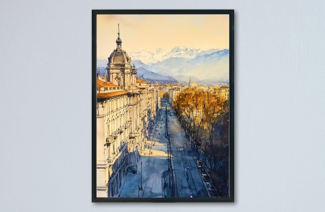 Turin Watercolor Travel Poster, Italy Wall Art