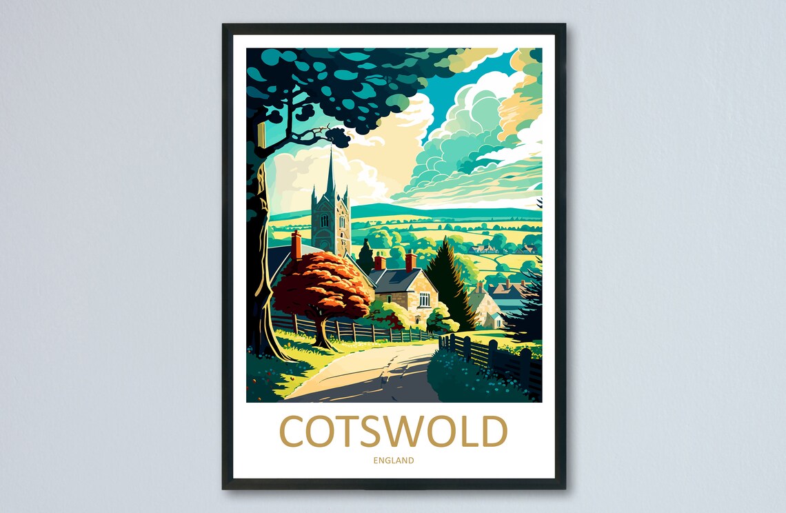 Cotswolds Landscape Travel Poster, England Decor