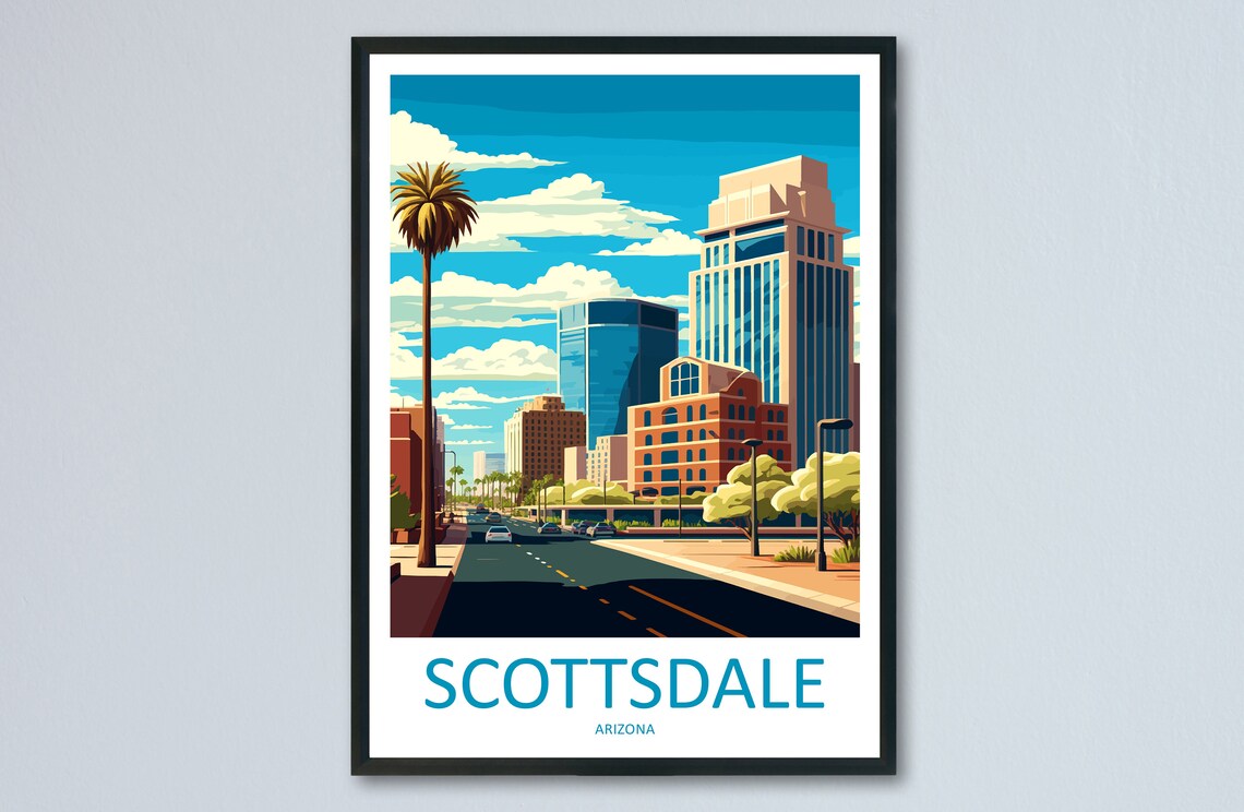 Scottsdale Arizona Street Skyline Palm Tree Vintage Travel Poster