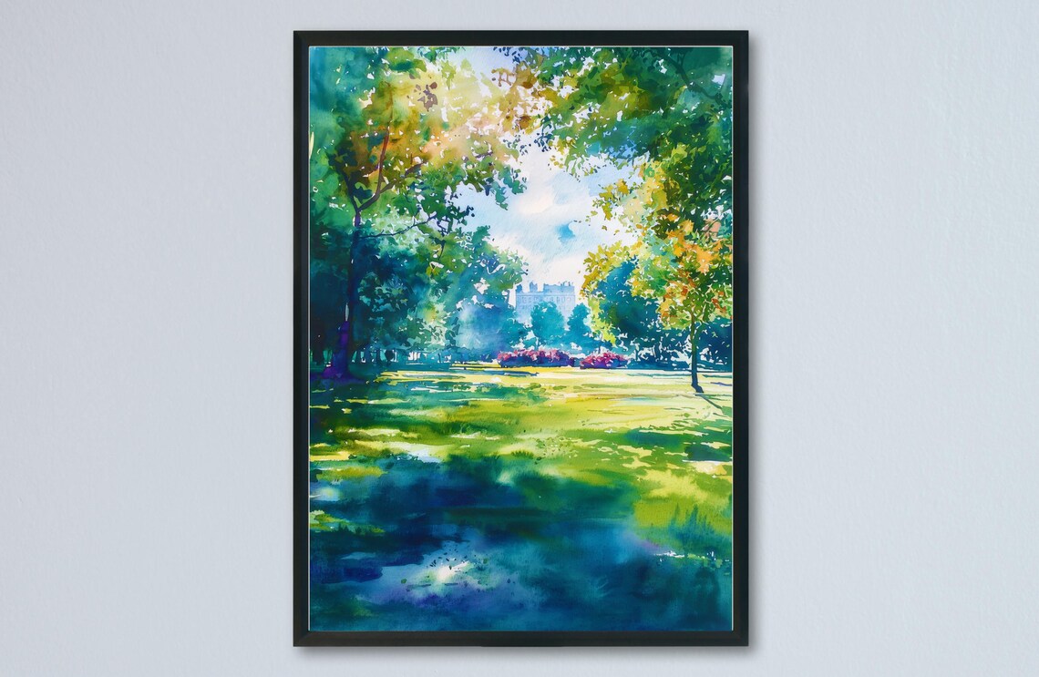 Regent's Park Sunny Lawn Trees London Watercolor Park Scene Poster