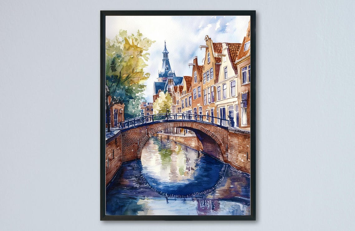 Delft Canal Brick Bridge Gabled Houses Netherlands Watercolor Poster
