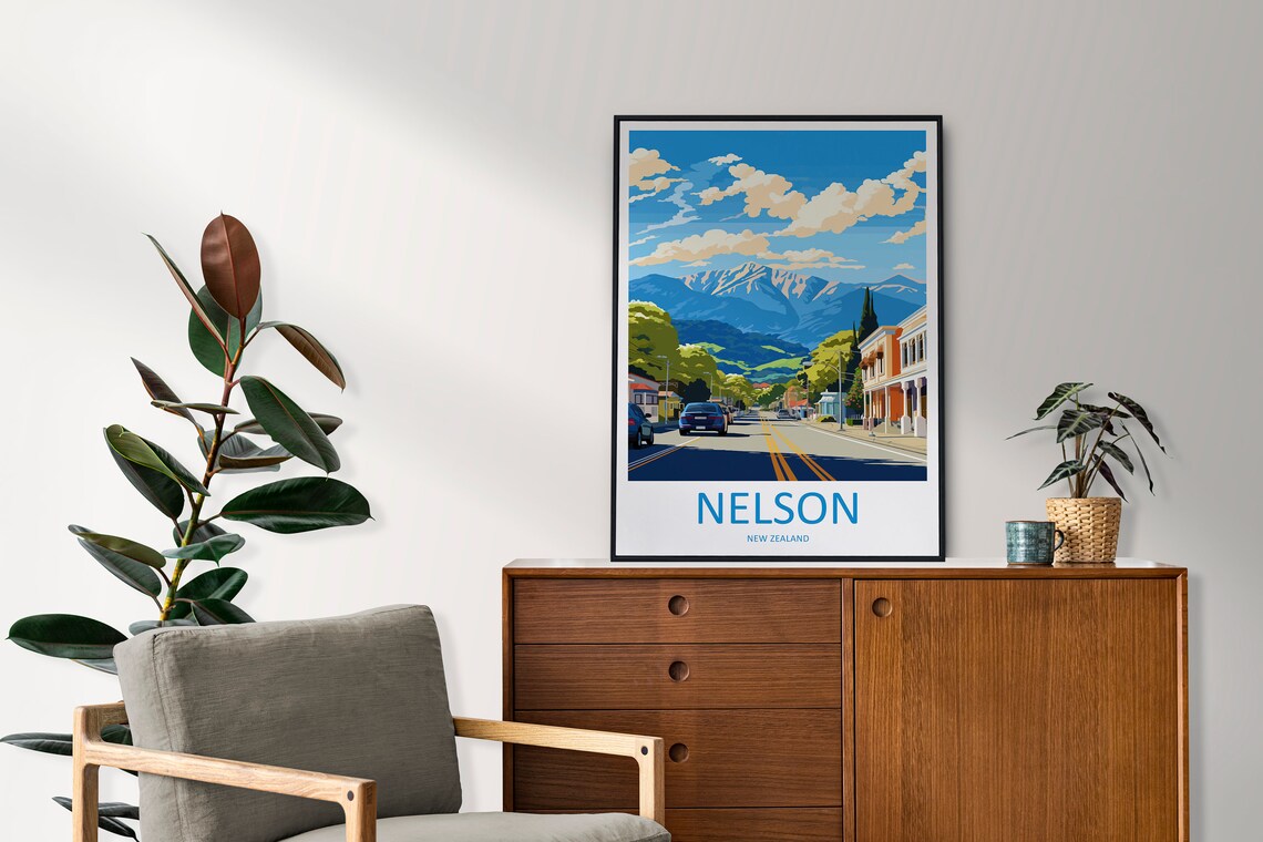 Nelson New Zealand Mountain Street View Bright Modern Travel Poster - Image 2