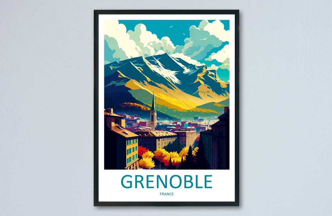 Grenoble France Alpine Peaks Church Spire City Retro Travel Poster