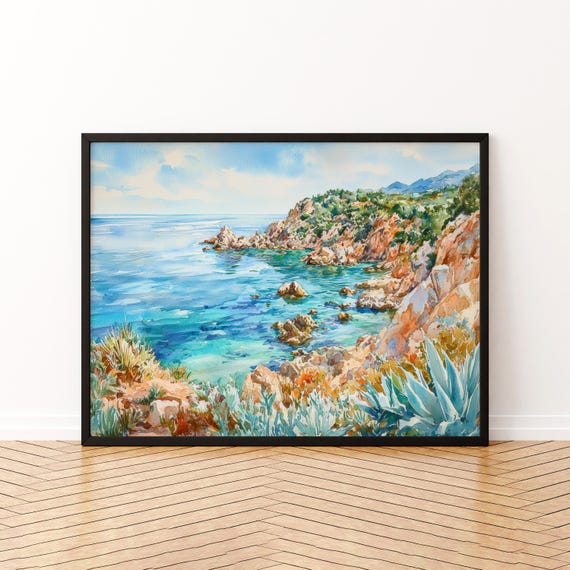 Sardinia Watercolor Poster Landscape Wall Art Hanging Home Dcor Gift Lovers Italy