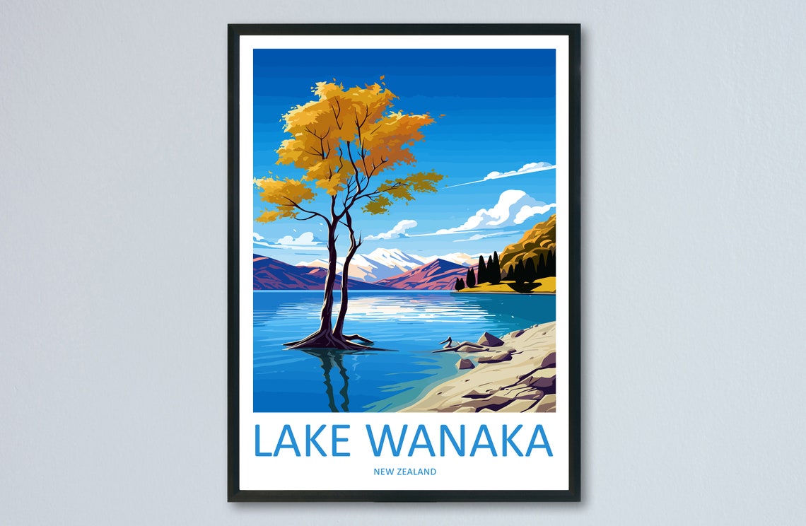 Lake Wanaka New Zealand Lone Tree Blue Shoreline Travel Poster